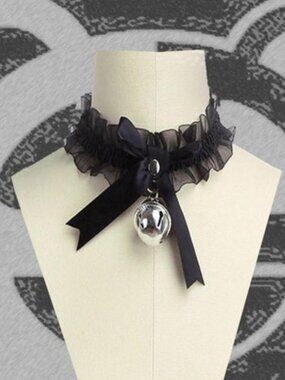Black lace frilly baby doll choker collar with silver bell and adjustable ribbon